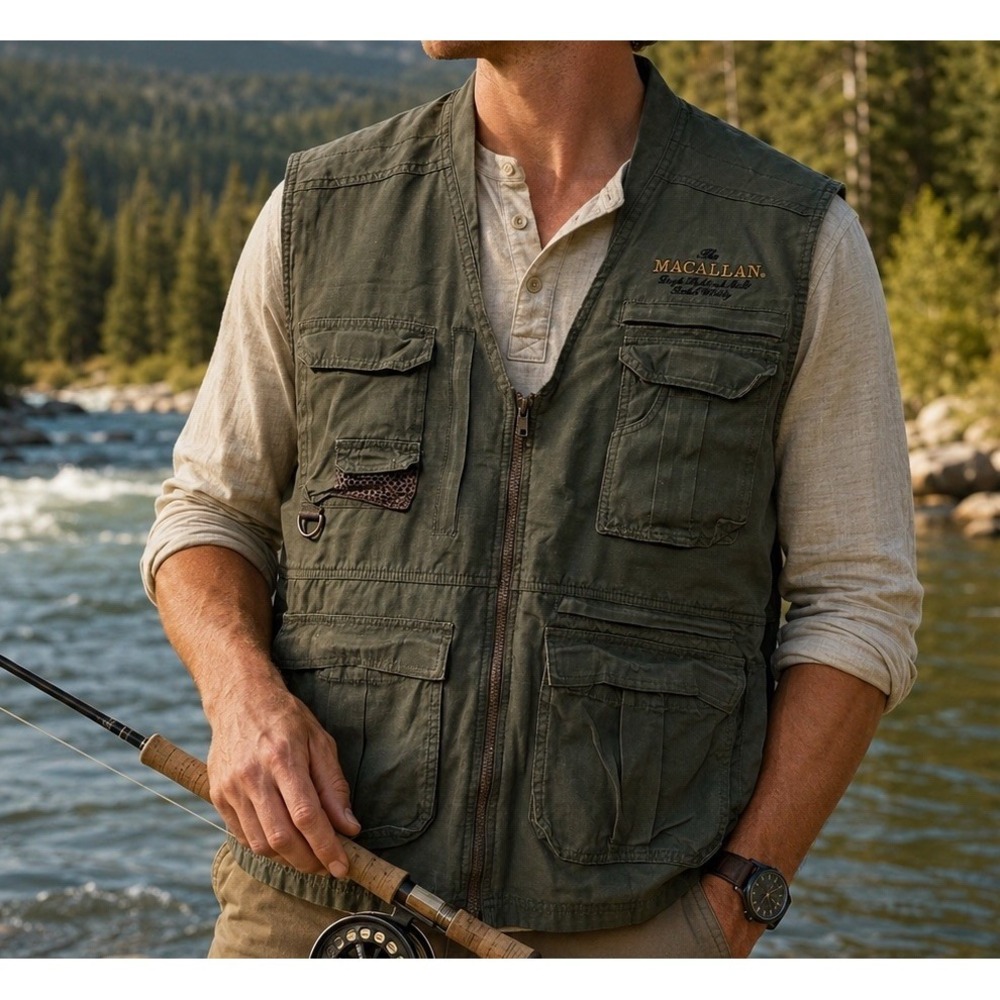 The Macallan Single Highland Malt Scotch Whiskey Cotton Vest Fishing Size Large